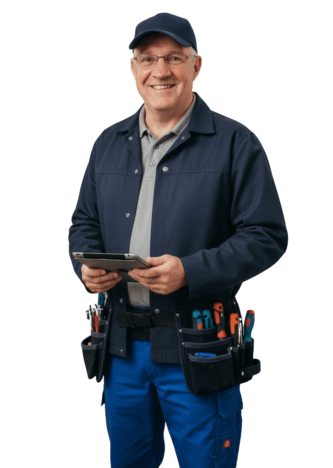 Brian stood holding his digital tablet looking towards the camera.