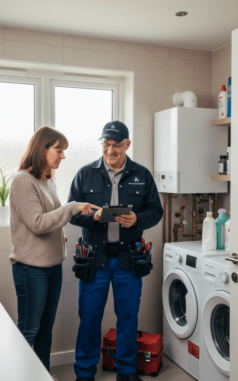 Brian showing his tablet device to a woman in her kitchen setting in front of boiler.