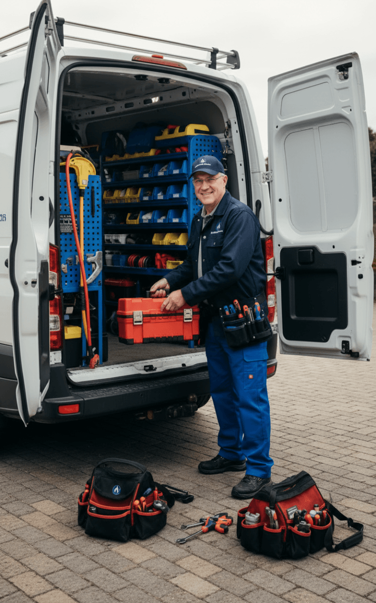 Brian unloading his works van with tools for a heating job in Lancashire.