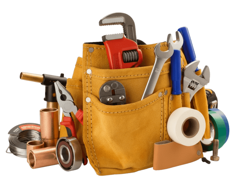 Plumbing tool belt filled with and surrounded with plumbing and heating tools.